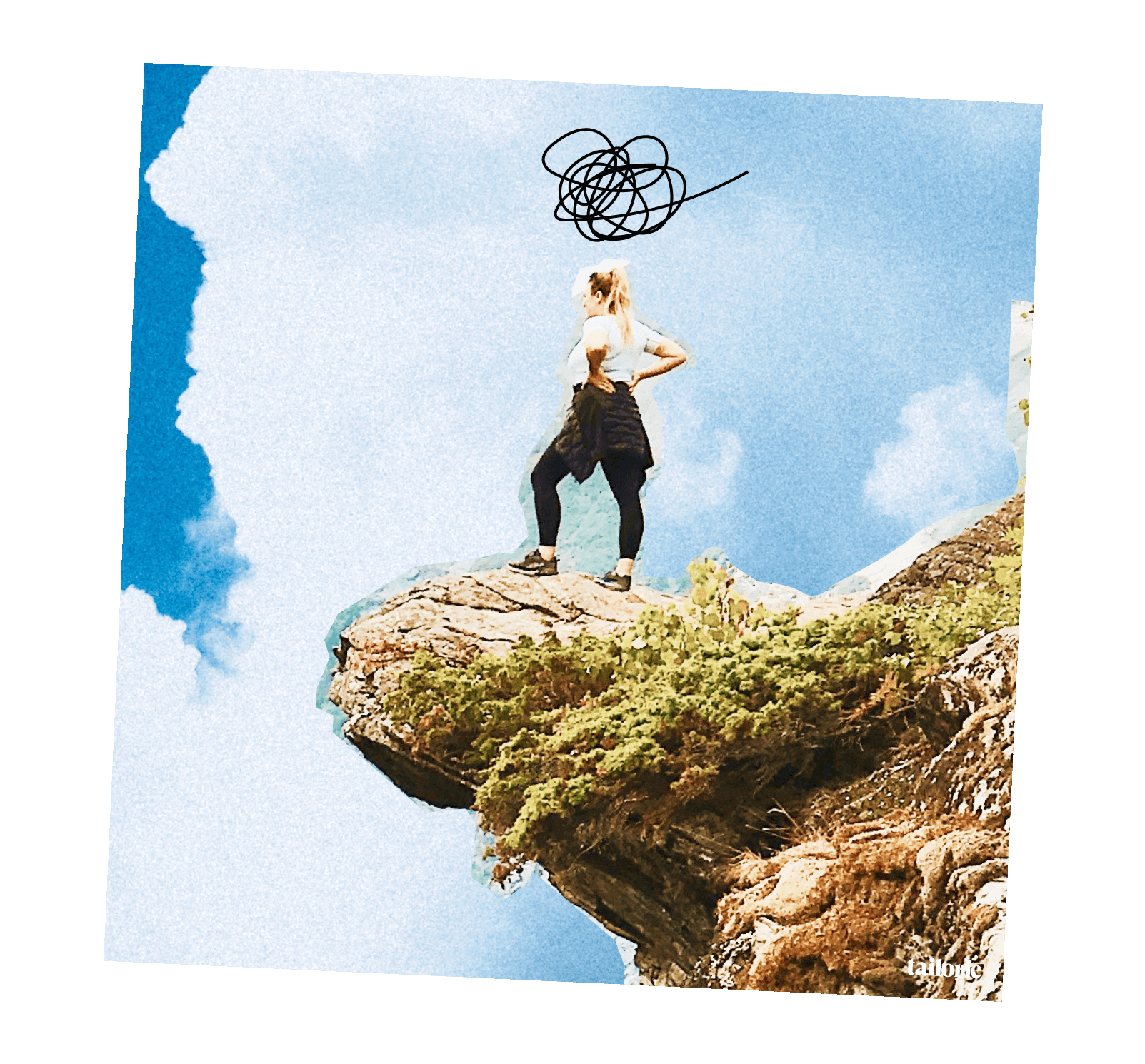 woman looking over cliff in frustration with a large cloud in the background